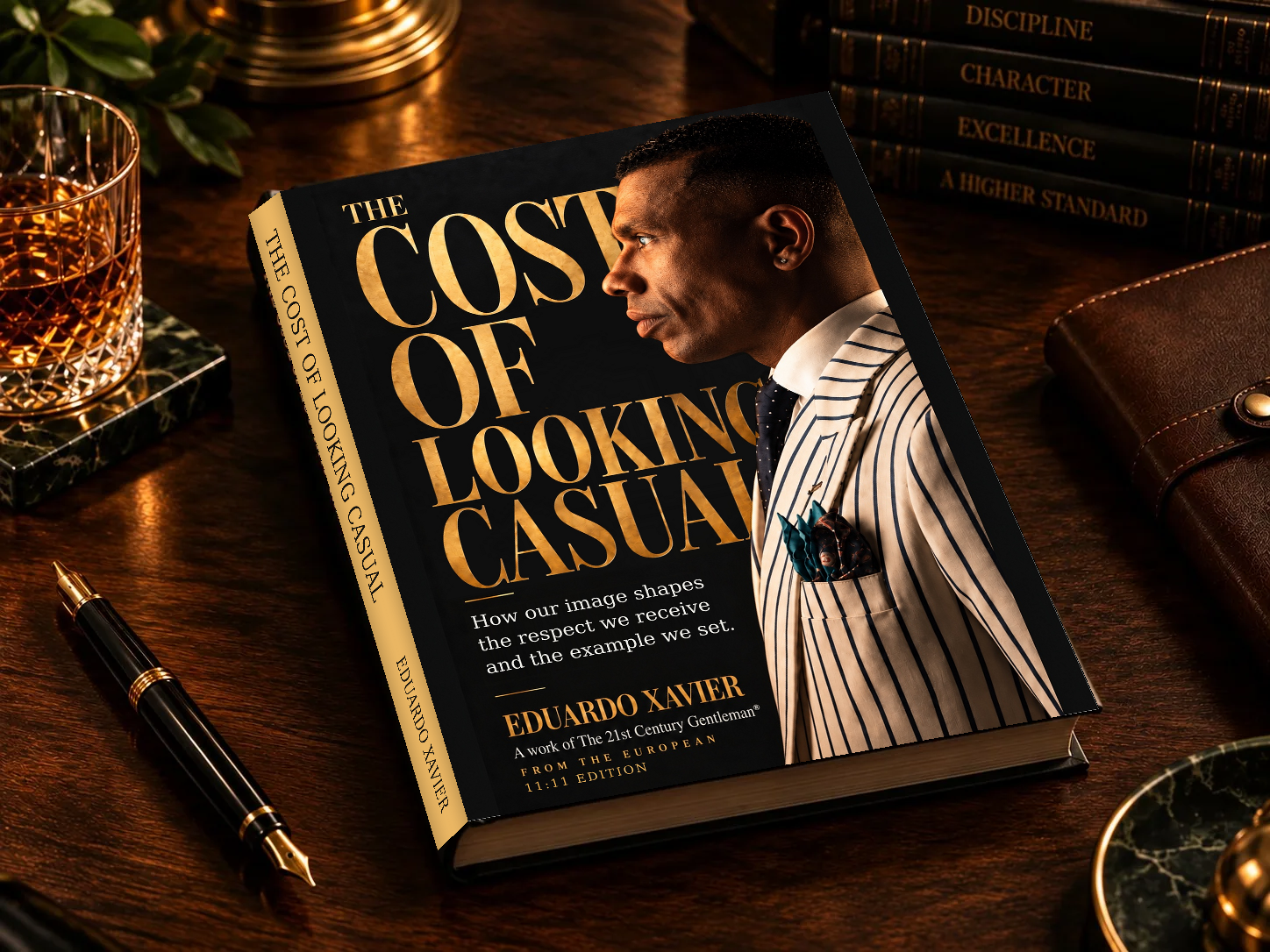 Approved warm editorial photograph of the book in a gentleman’s study