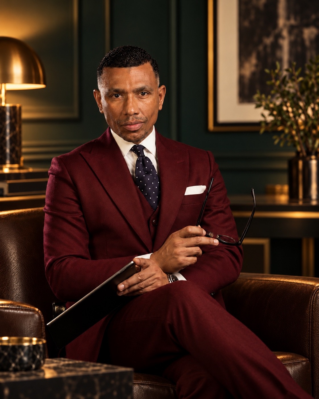 Eduardo Xavier in a burgundy suit